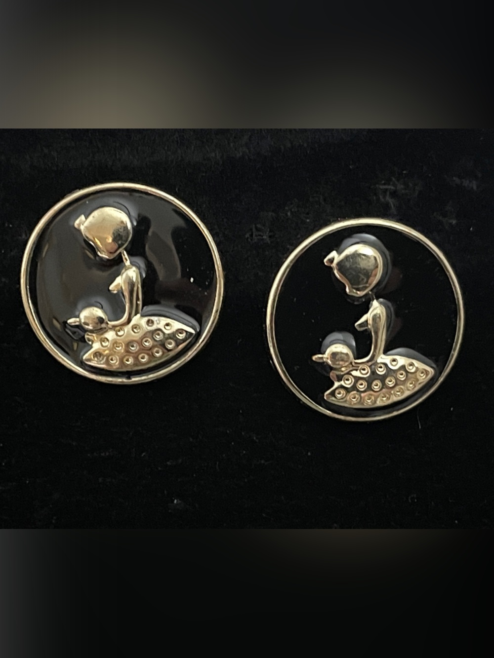 Black and Gold Swan Button Earrings - Women Jewelry